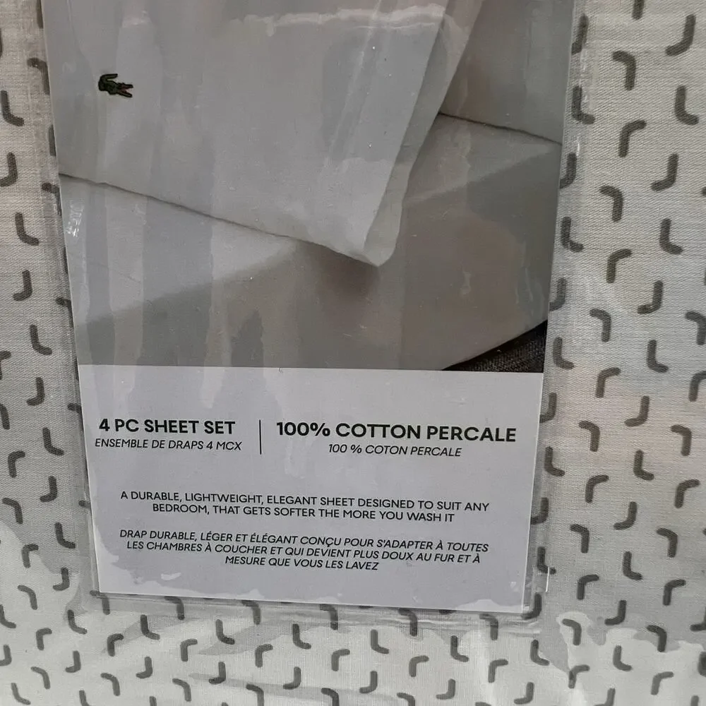 LACOSTE 100% Cotton Percale 4piece Cal King Sheet Set NWT